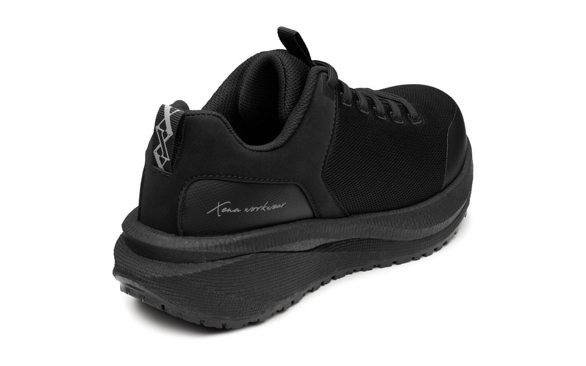 Astra Lite Composite Toe Safety Sneaker for Women — Black Mesh EH Rated · back and heel view showing outsole