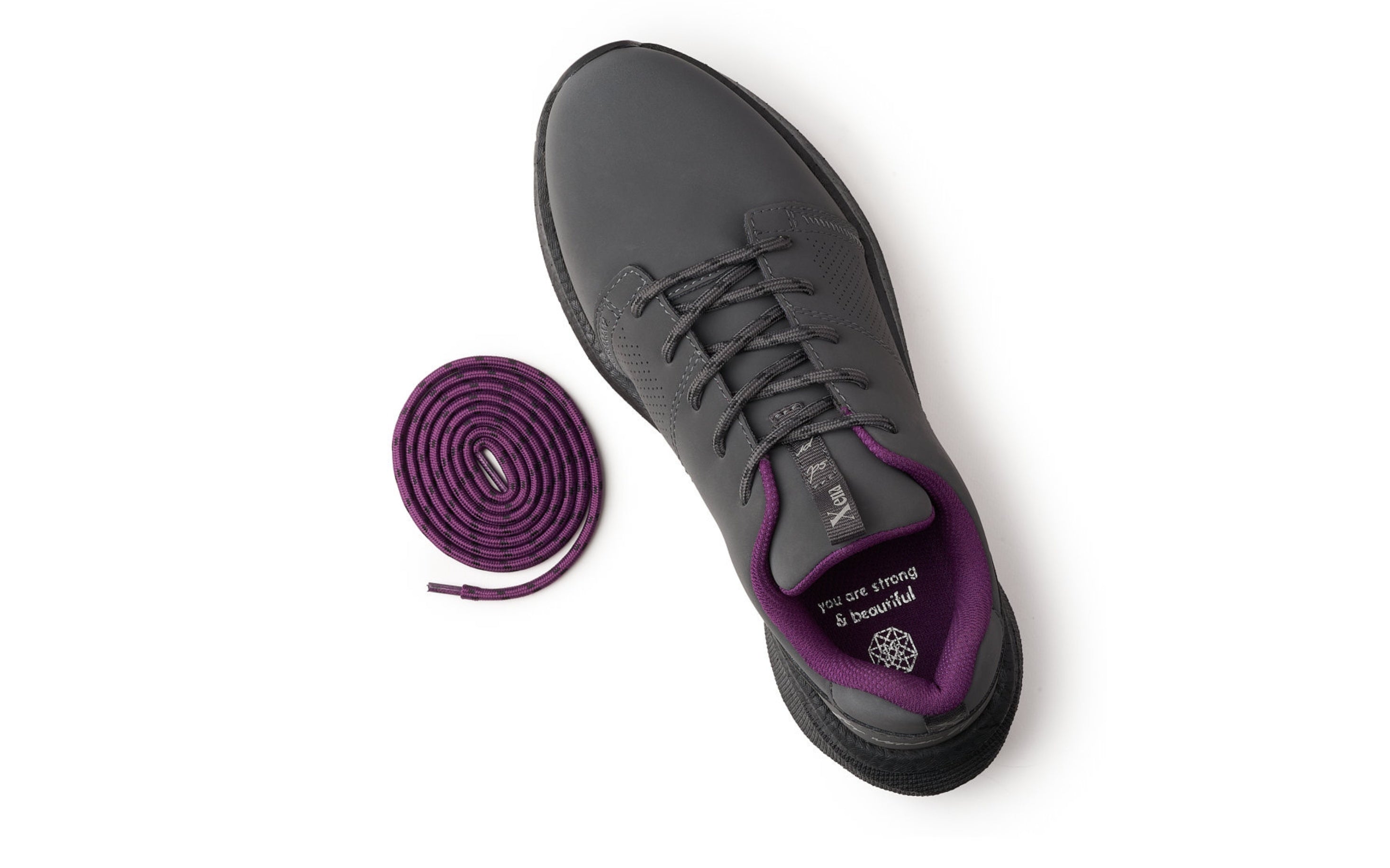 Astra Composite Toe Safety Sneaker for Women — Gray SD Rated · top-down flat lay with coiled laces