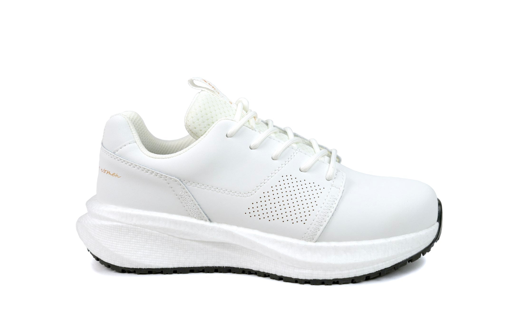 Astra Women's Athletic Work Sneaker • Nonslip SRO, Puncture Resistant PR, Static Dissipative • White Gold Action Leather