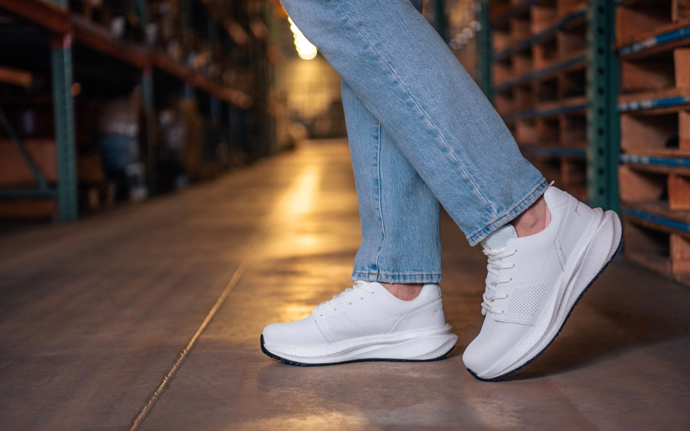 Astra Women's Athletic Safety Sneaker • Nonslip SRO, Puncture Resistant PR, Static Dissipative • White Gold Action Leather