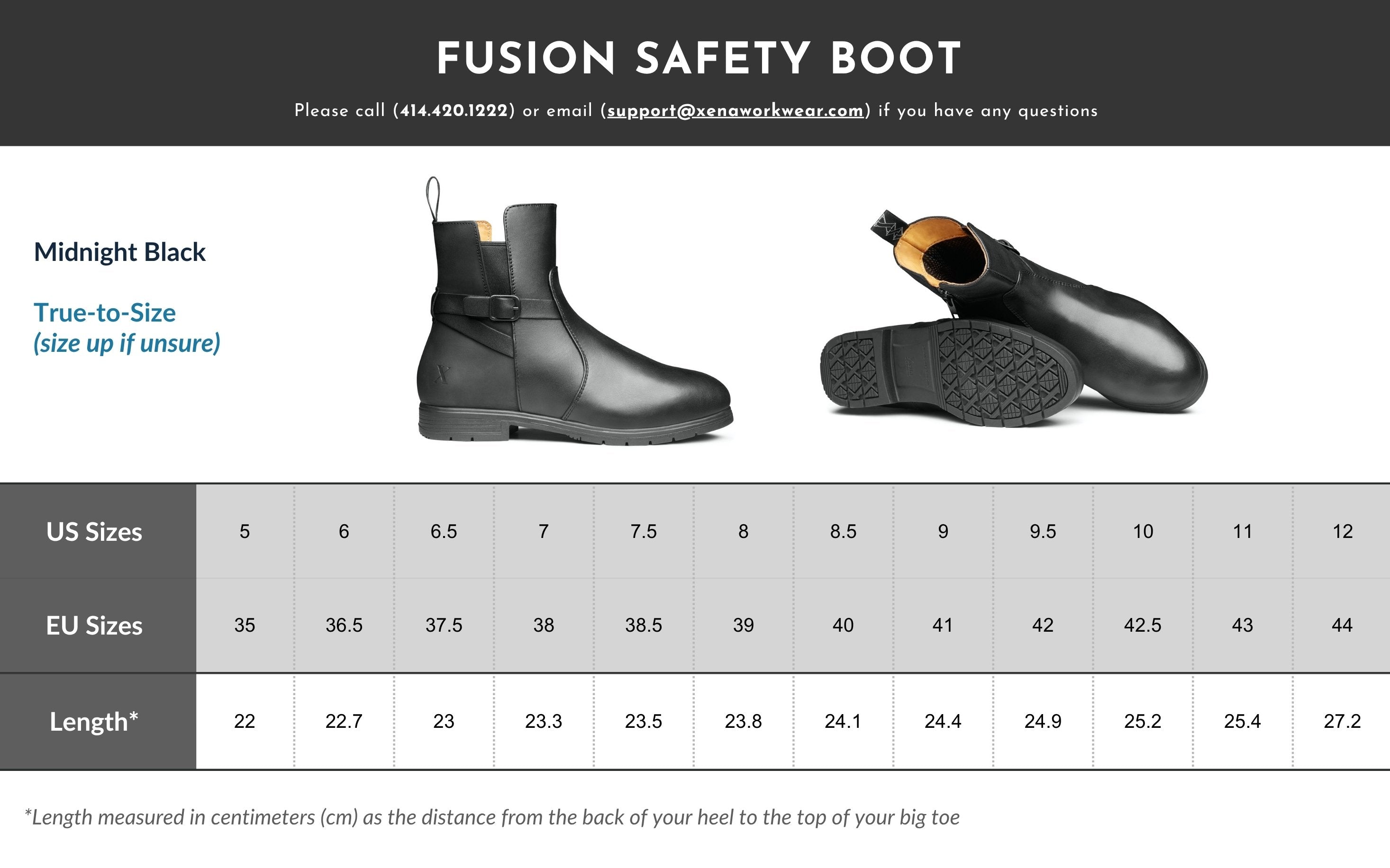 Xena Workwear Fusion Mt size chart — women's metatarsal steel toe EH safety boots sizing guide