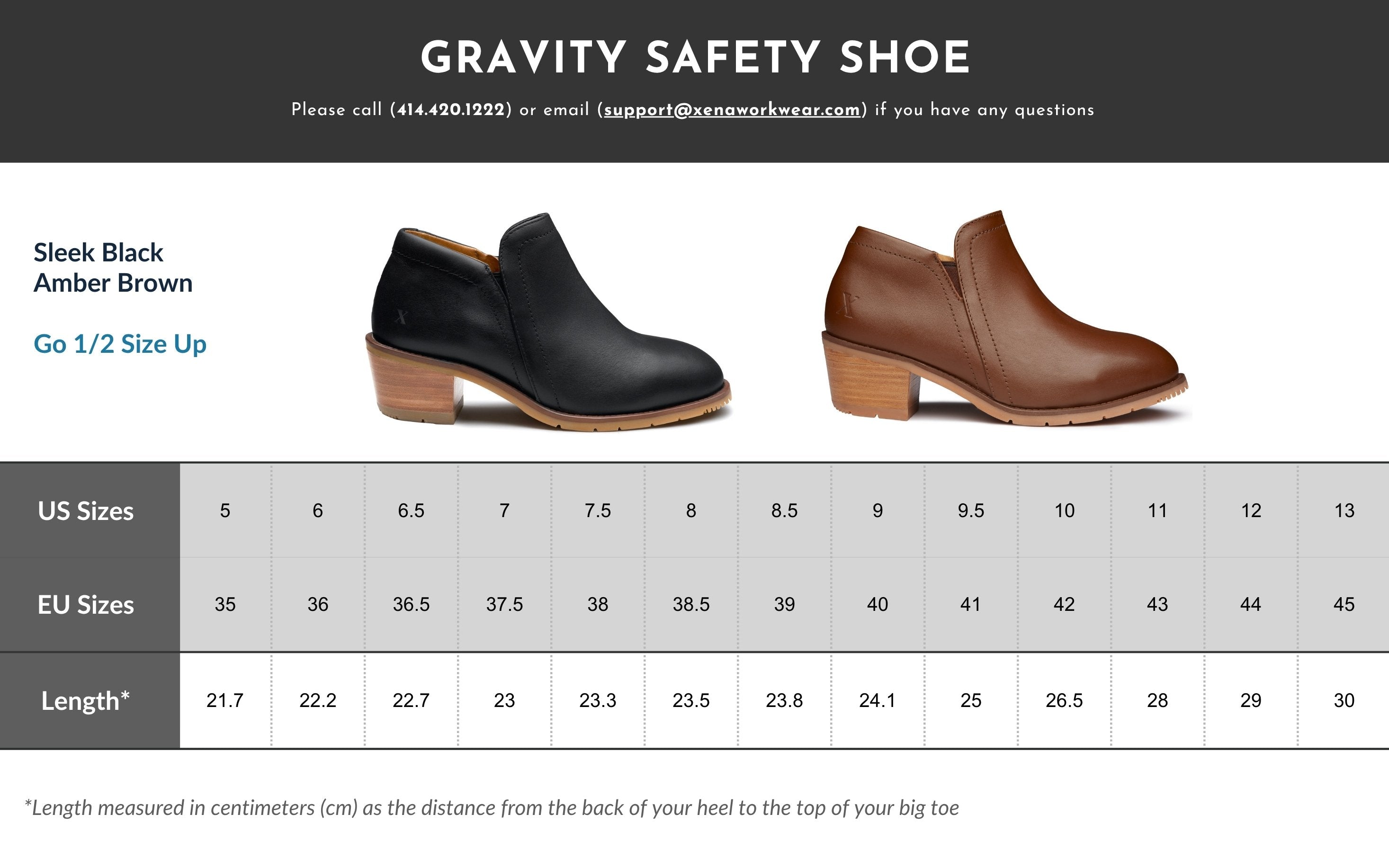 Xena Workwear Gravity size chart - womens steel toe safety boots sizing guide