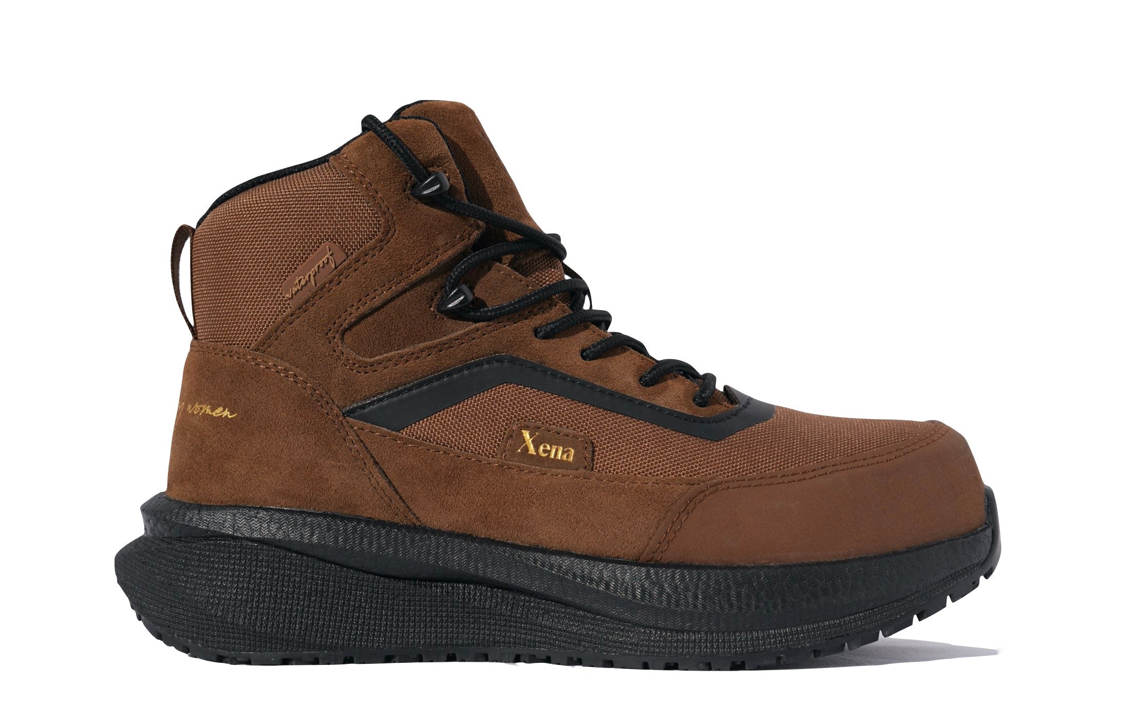 Luna Women's Work Athletic High-Top Composite Toe Safety Boot in Brown • Waterproof, Puncture Resistant, Electrical Hazard • Made by Xena Workwear