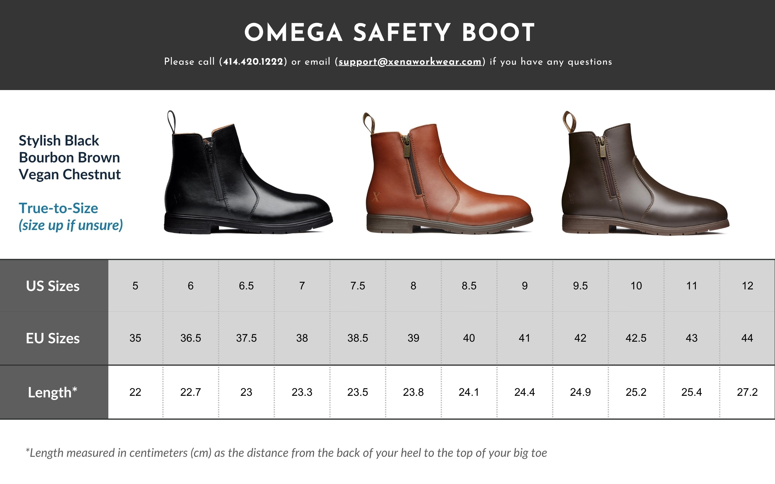 Xena Workwear Omega size chart — women's steel toe safety boots sizing guide