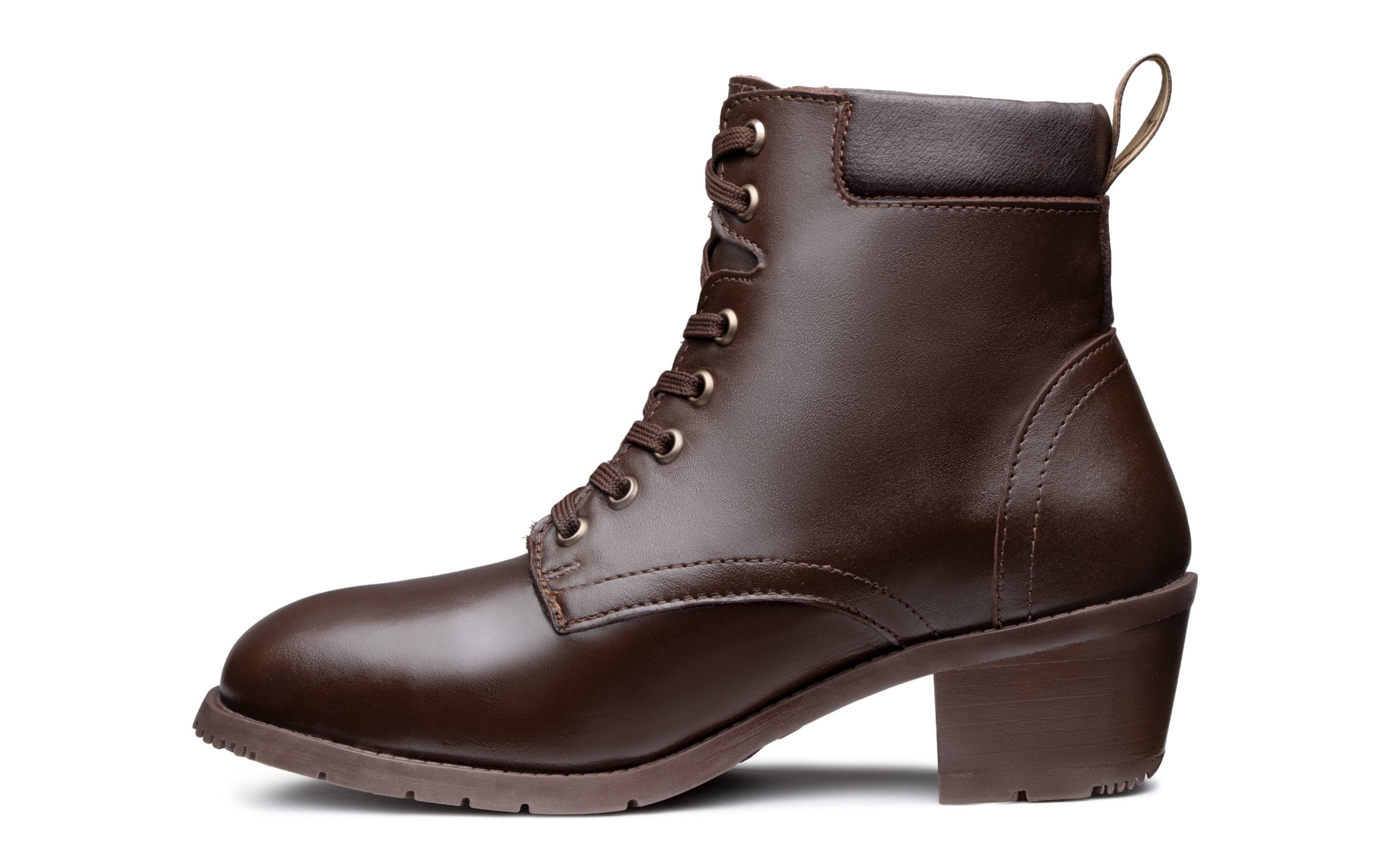 Xena Vega women's steel-toe safety boot in chestnut brown leather, profile view