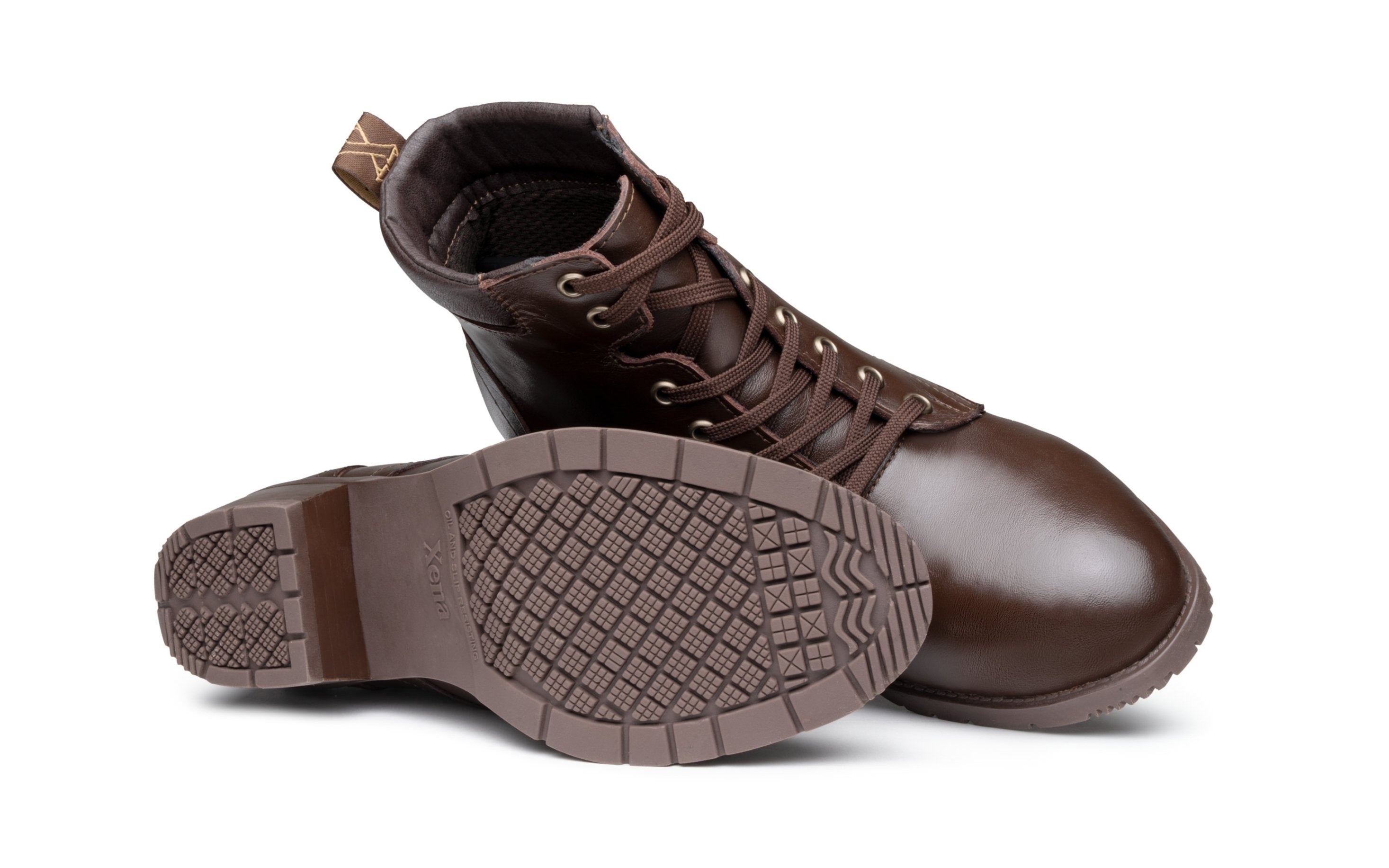 Xena Vega women's steel-toe safety boots in chestnut brown leather, pair view showing slip-resistant outsole