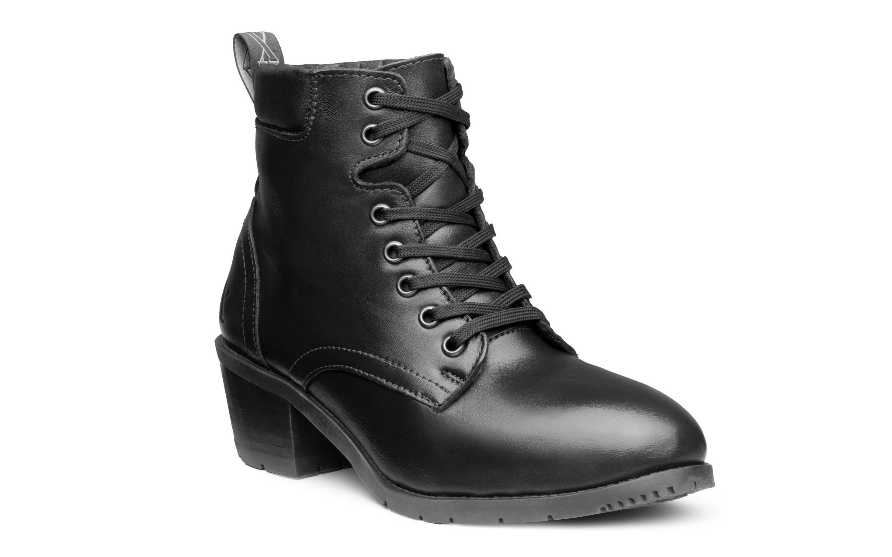 Xena Vega women's steel-toe safety boot in classic black leather, three-quarter angle view
