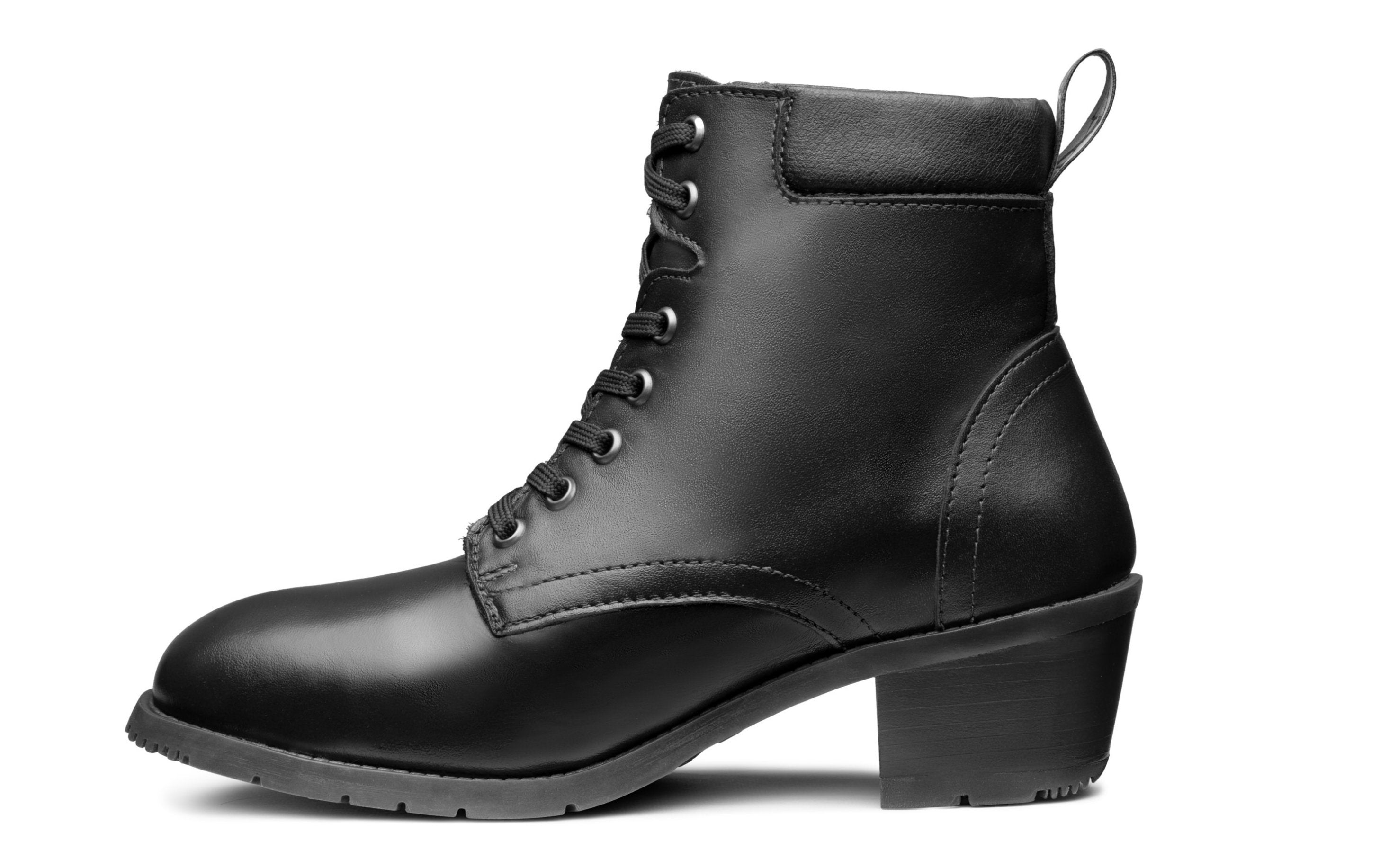 Xena Vega women's steel-toe safety boot in classic black leather, profile view