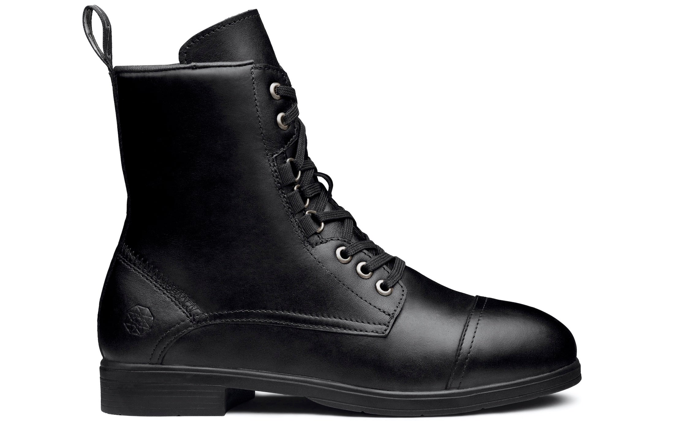 Spice Steel-Toe Safety Combat Motorcycle Boot | Designed for Women by Women | ASTM Certified, Featuring Lace-Ups, and Side Zipper | Full Grain Jet Black Leather | Xena Workwear