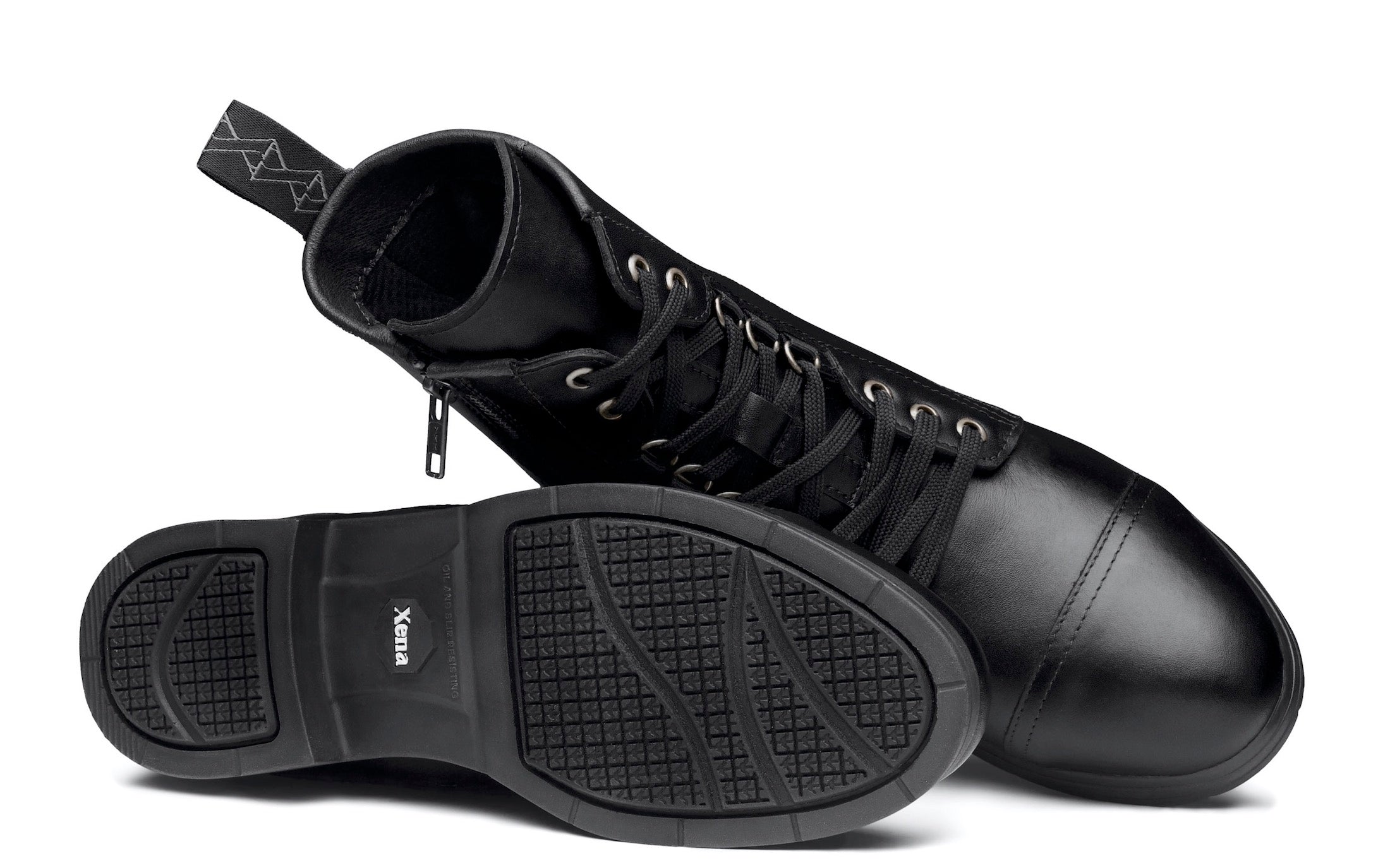 Spice Steel-Toe Safety Combat Motorcycle Boot | Designed for Women by Women | ASTM Certified, Featuring Lace-Ups, and Side Zipper | Full Grain Jet Black Leather | Xena Workwear