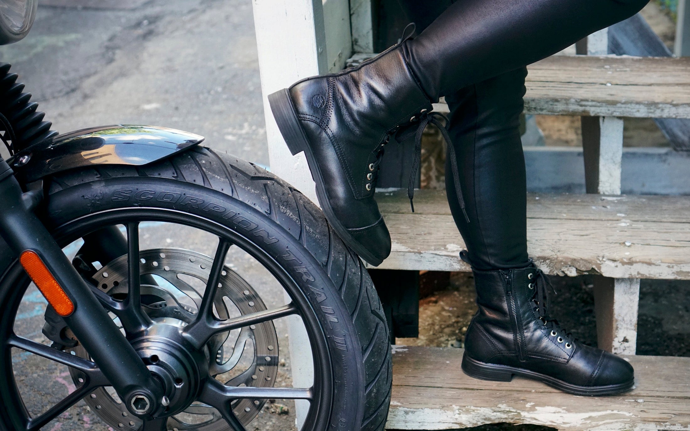 Spice Steel-Toe Safety Combat Motorcycle Boot | Designed for Women by Women | ASTM Certified, Featuring Lace-Ups, and Side Zipper | Full Grain Jet Black Leather | Xena Workwear