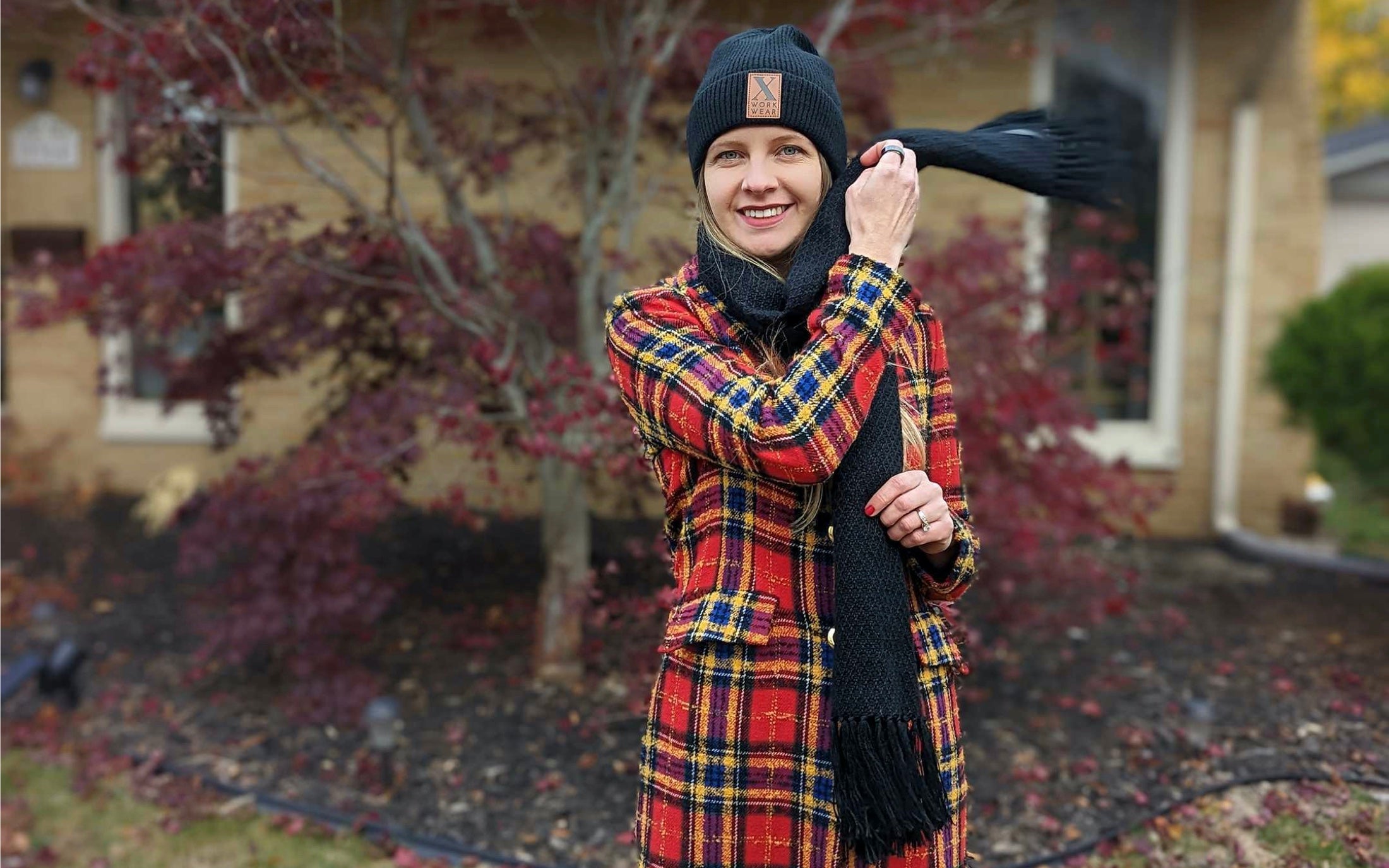 Xena Workwear Wool Fiber Cuff Beanie | Custom Vegan Leather Patch | Dark Roast Color