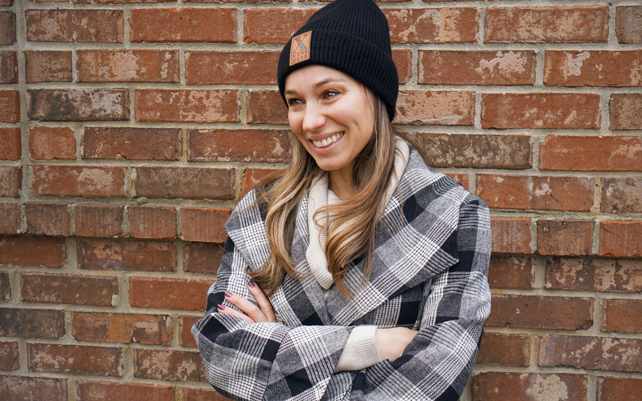 Xena Workwear Wool Fiber Cuff Beanie | Custom Vegan Leather Patch | Dark Roast Color