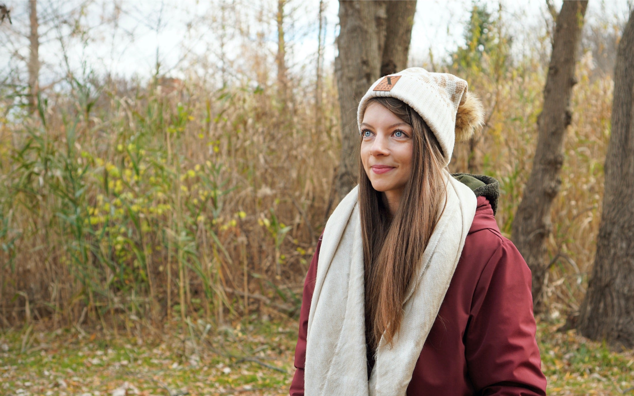 Xena Workwear Acrylic Pom Beanie | Custom Vegan Leather Patch | Cappuccino color