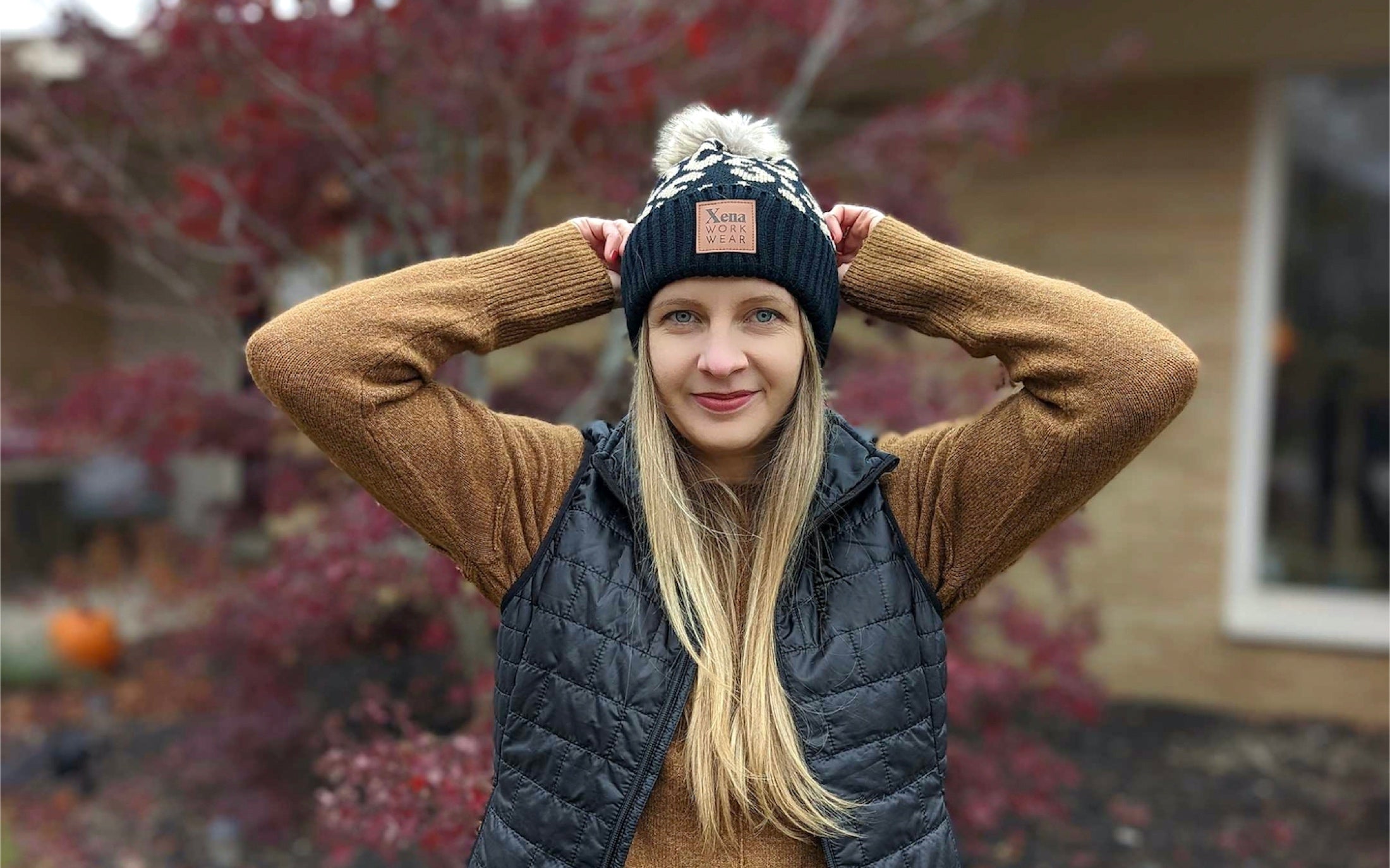 Xena Workwear Acrylic Pom Beanie | Custom Vegan Leather Patch | Espresso color