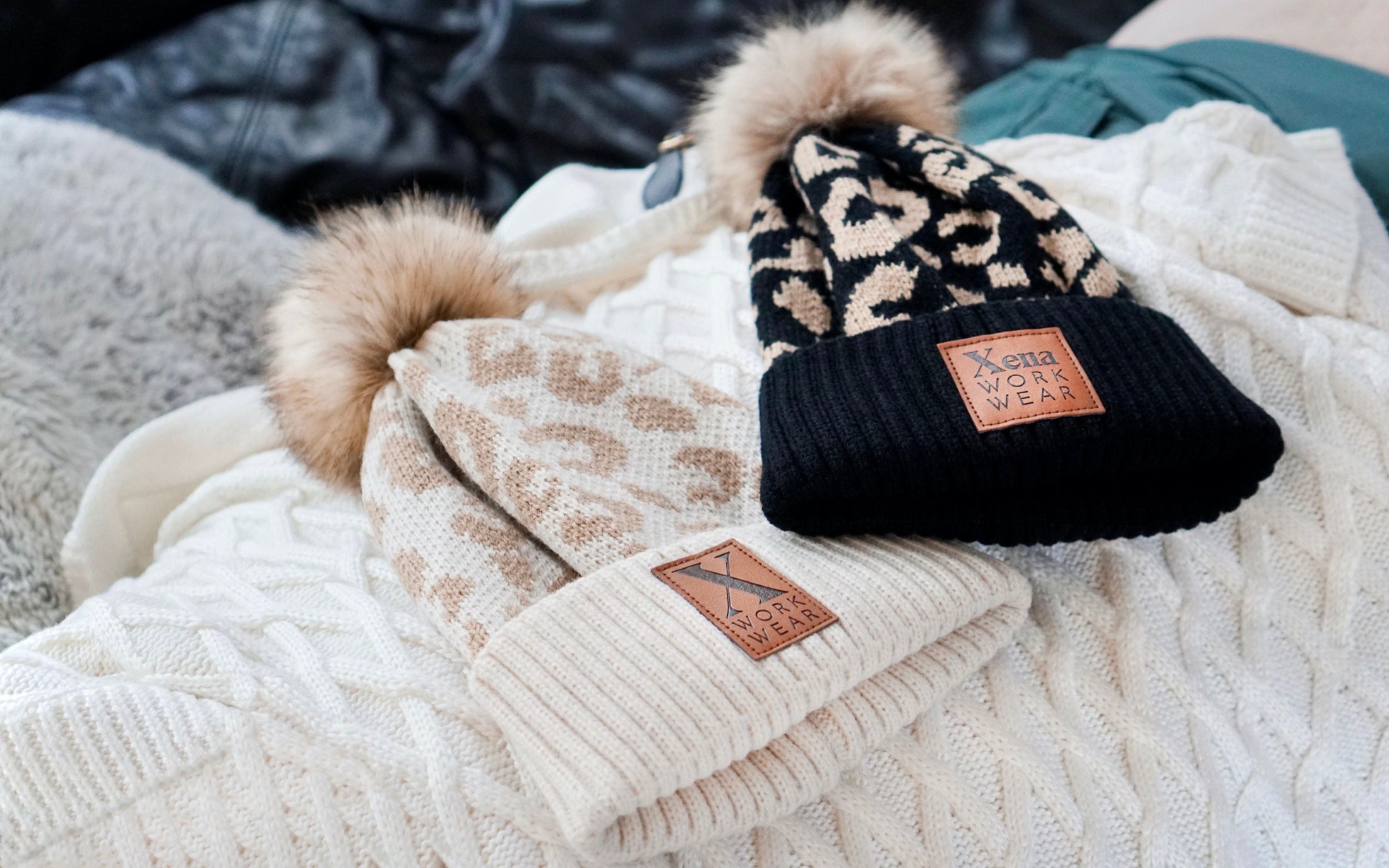 Xena Workwear Acrylic Pom Beanie | Custom Vegan Leather Patch | Espresso and Cappuccino colors