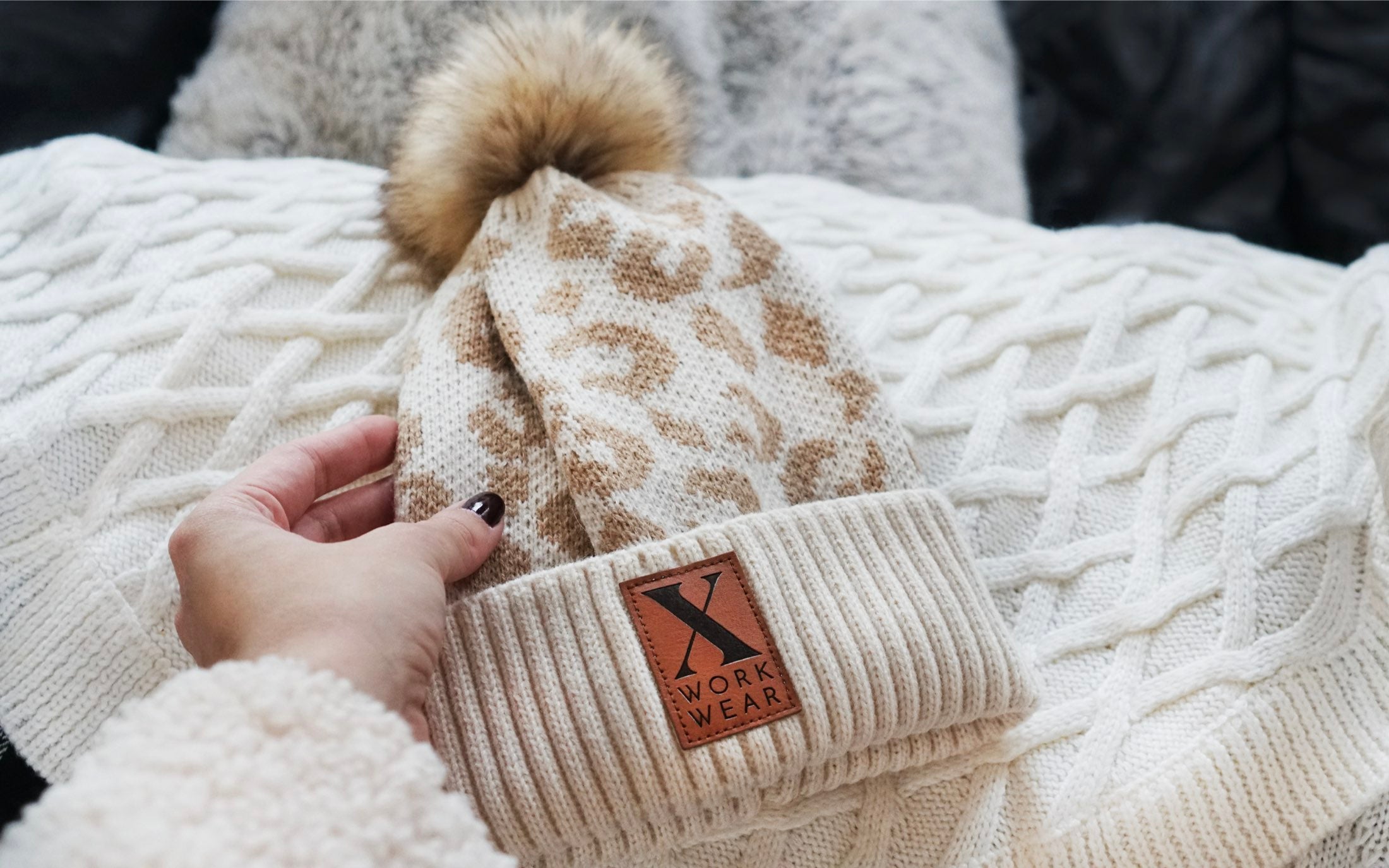 Xena Workwear Soft Acrylic Pom Beanie | Custom Vegan Leather Patch | Cappuccino color