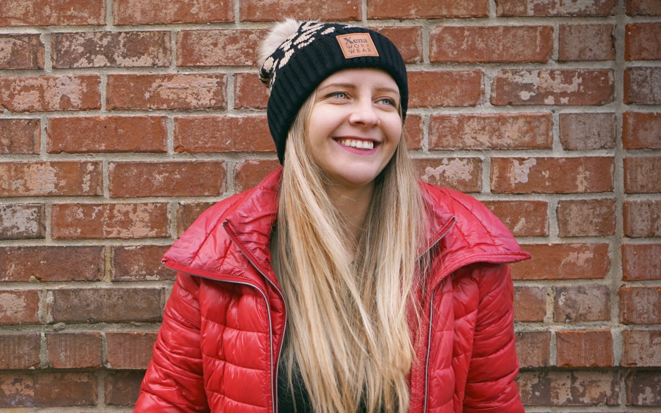 Xena Workwear Soft Acrylic Pom Beanie | Custom Vegan Leather Patch | Espresso color