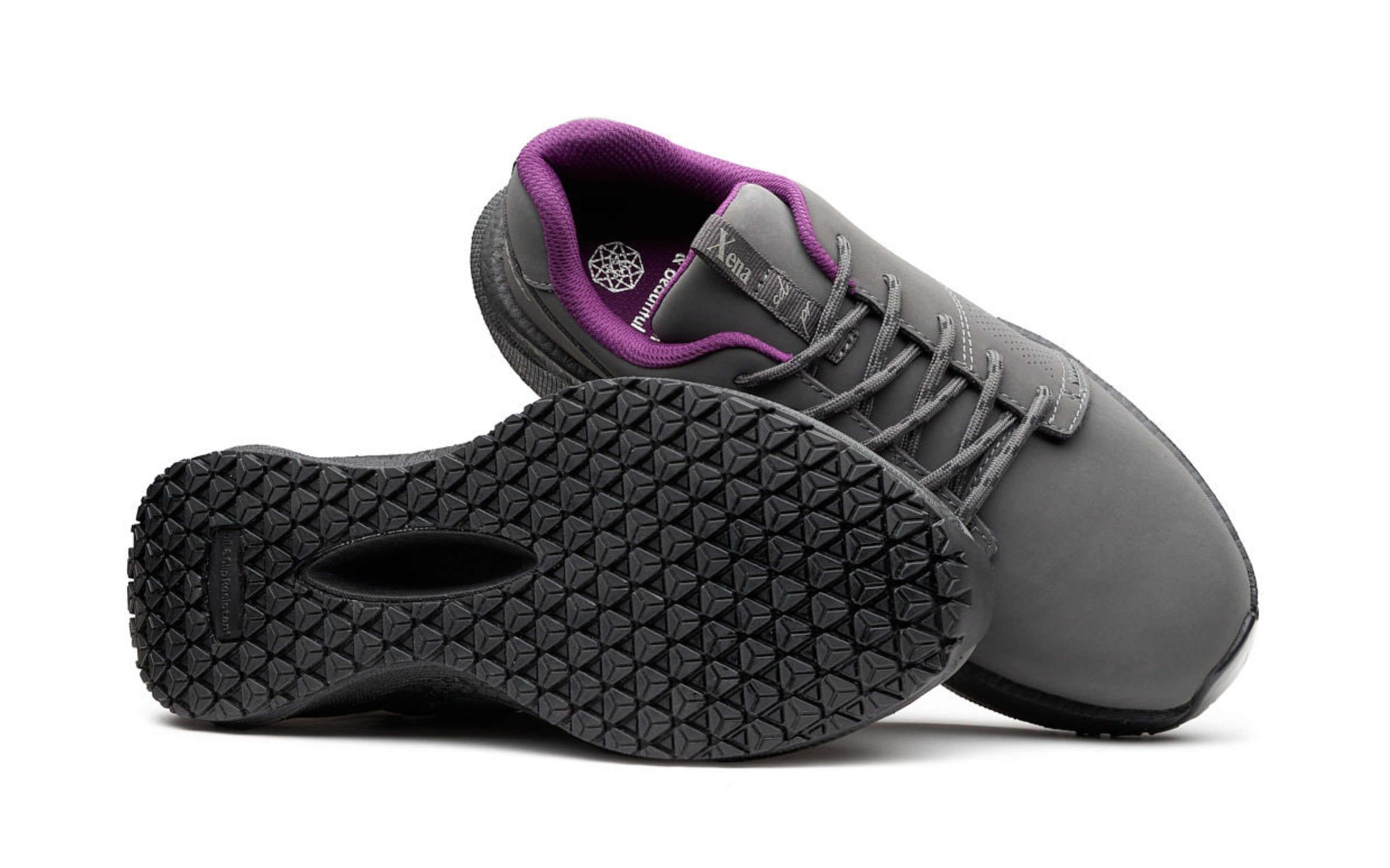 Astra Composite Toe Safety Sneaker for Women — Gray SD Rated · paired view showing slip-resistant SRO outsole tread