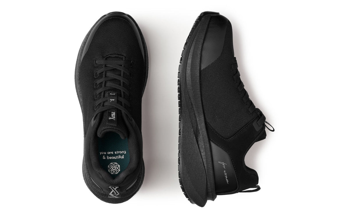 Astra Lite Composite Toe Safety Sneaker for Women — Black Mesh EH Rated · top-down and side view pair