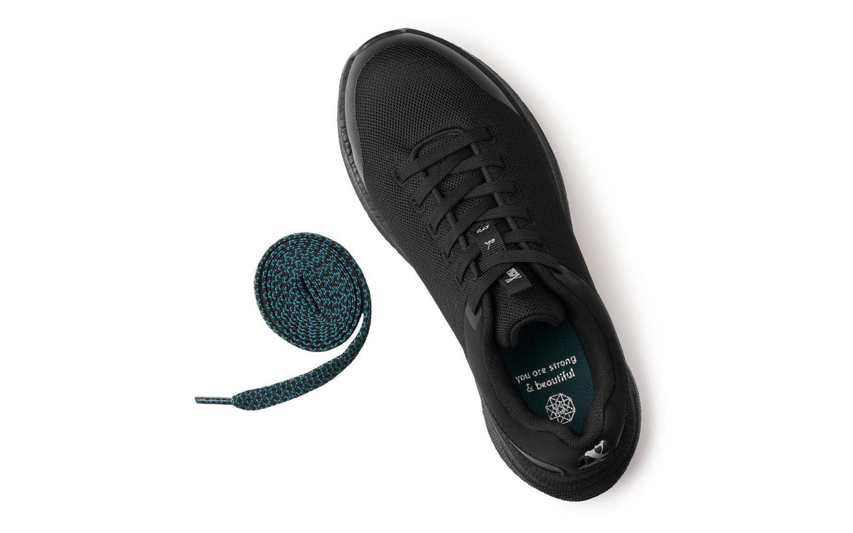 Astra Lite Composite Toe Safety Sneaker for Women — Black Mesh EH Rated · top-down flat lay with coiled laces