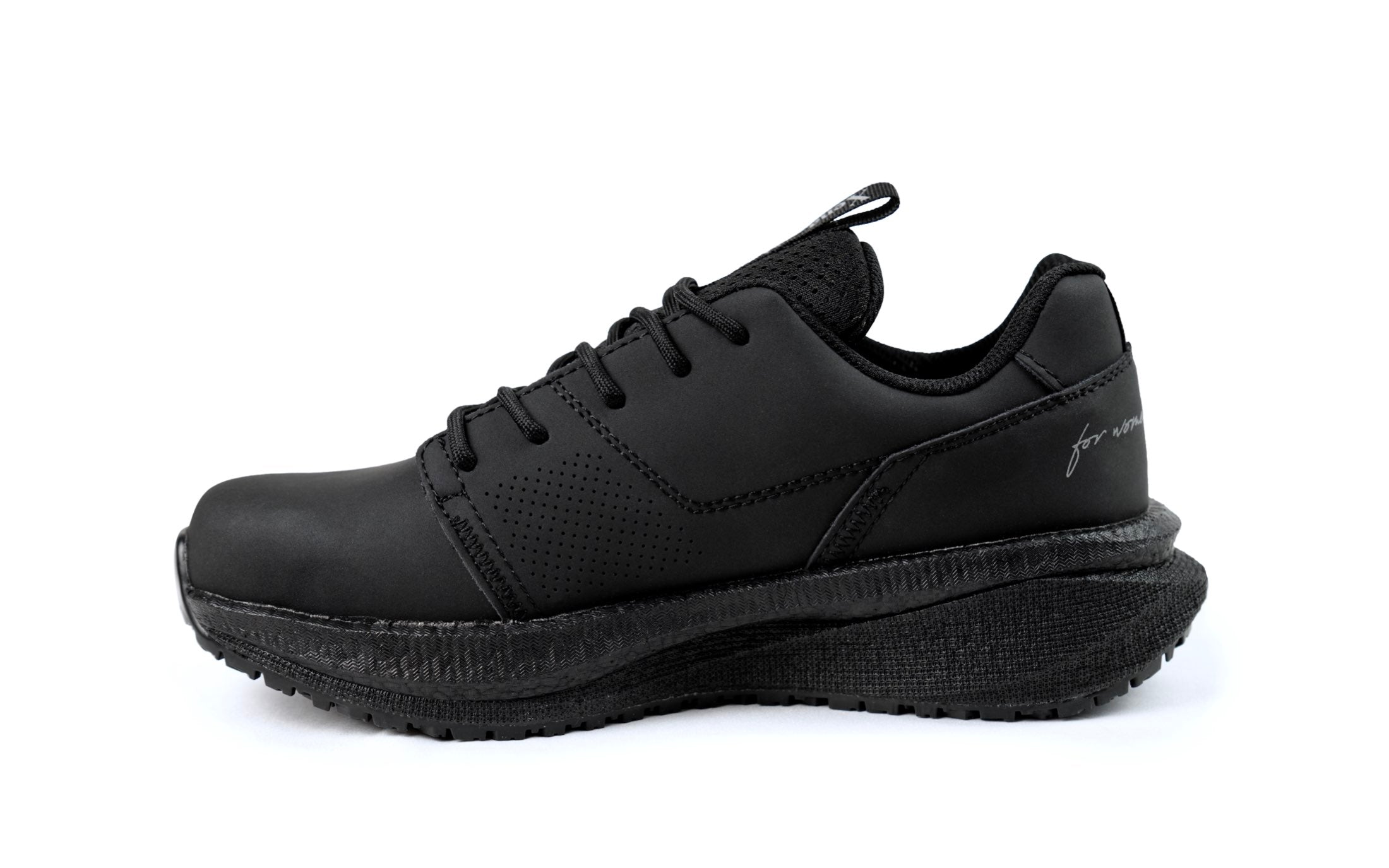 Astra Women's Athletic Work Sneaker • Nonslip SRO, Puncture Resistant PR, Electrical Hazard EH • Black Silver Action Leather
