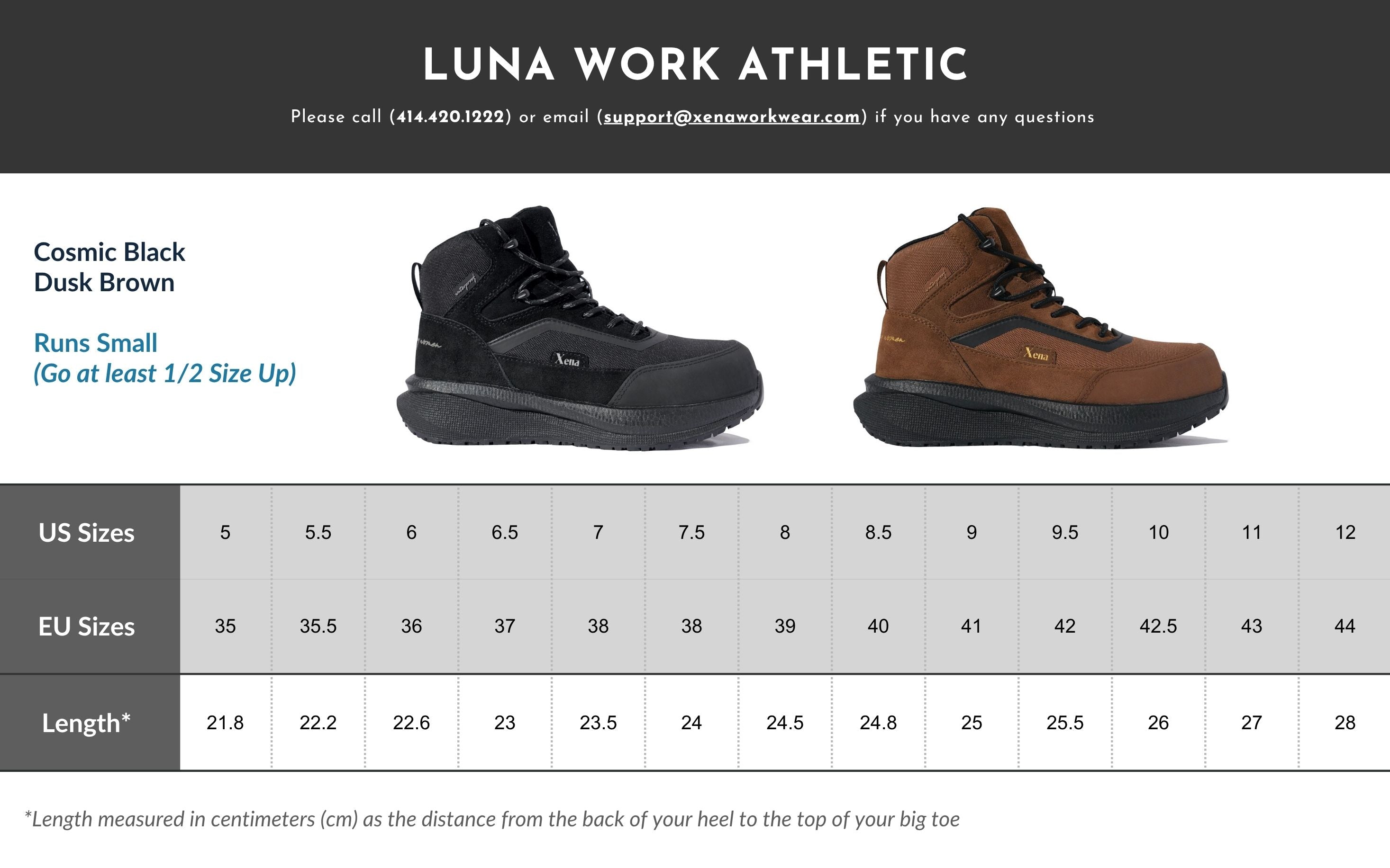 Xena Workwear Luna size chart - womens composite toe safety boots sizing guide