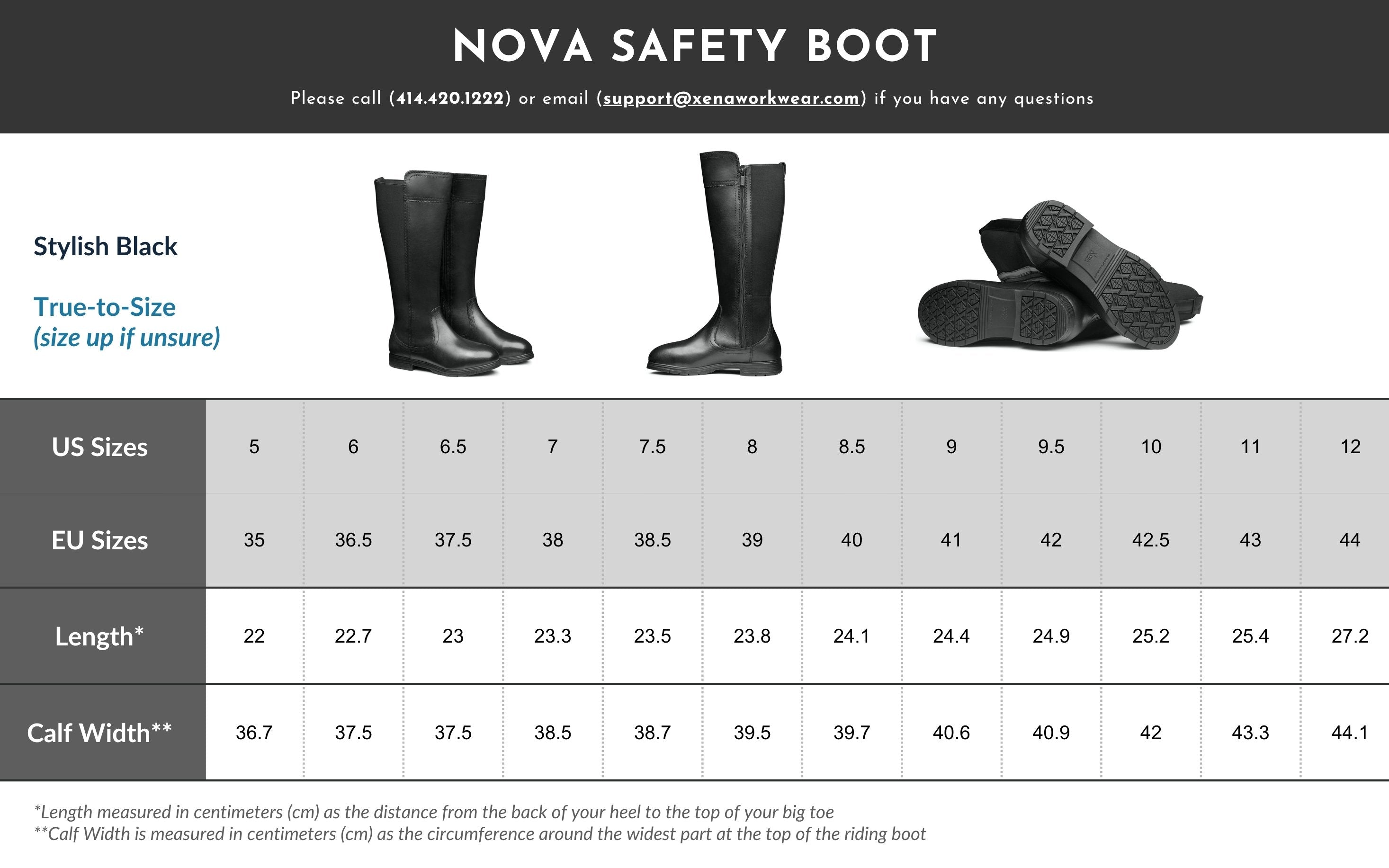Xena Workwear Nova size chart — women's steel toe electrical hazard safety boots sizing guide