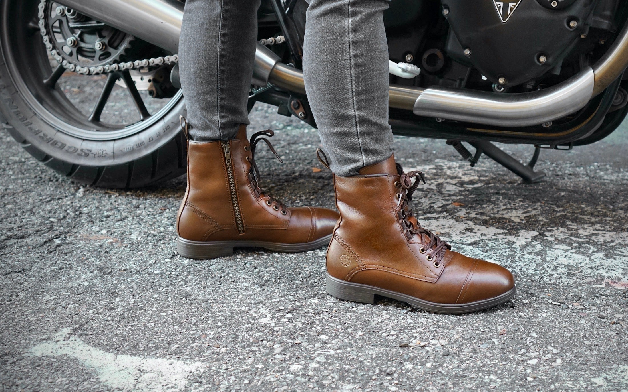 Spice Steel-Toe Safety Combat Motorcycle Boot | Designed for Women by Women | ASTM Certified, Featuring Lace-Ups, and Side Zipper | Full Grain Mystic Dune Leather | Xena Workwear