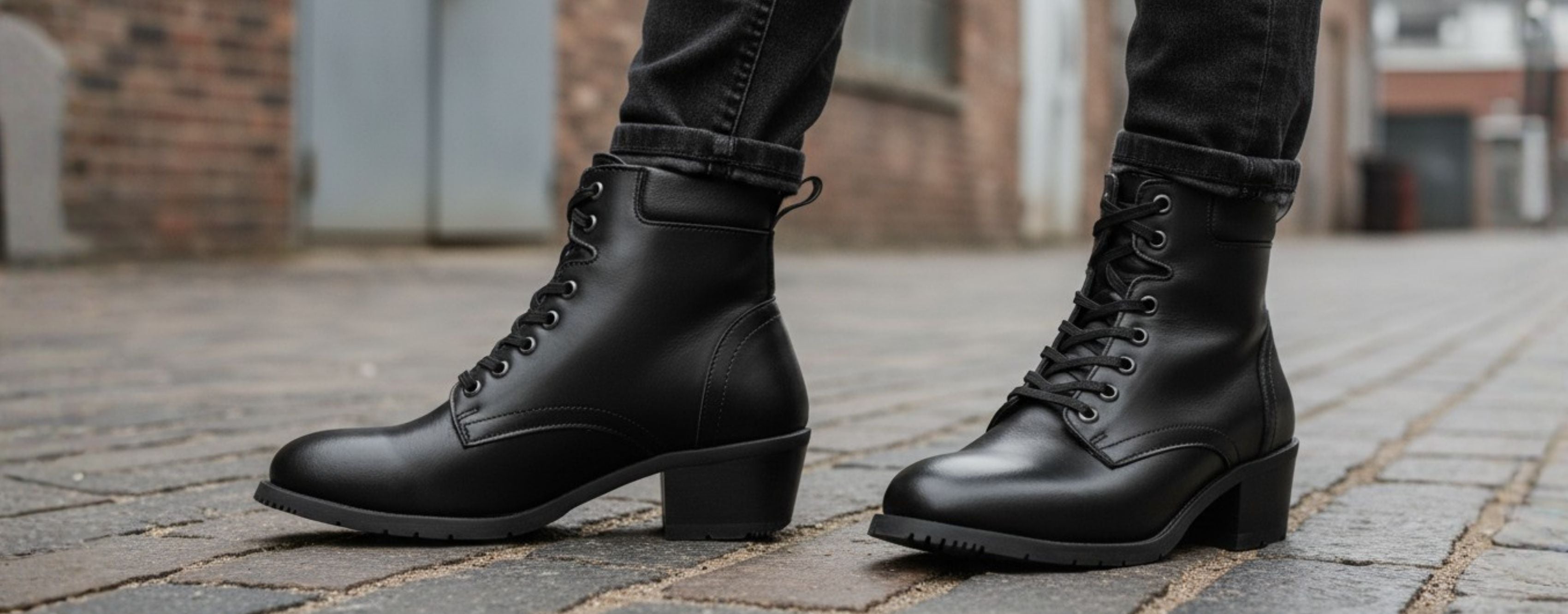 Woman wearing Xena Vega steel-toe safety boots in classic black leather with dark denim, walking on a cobblestone street
