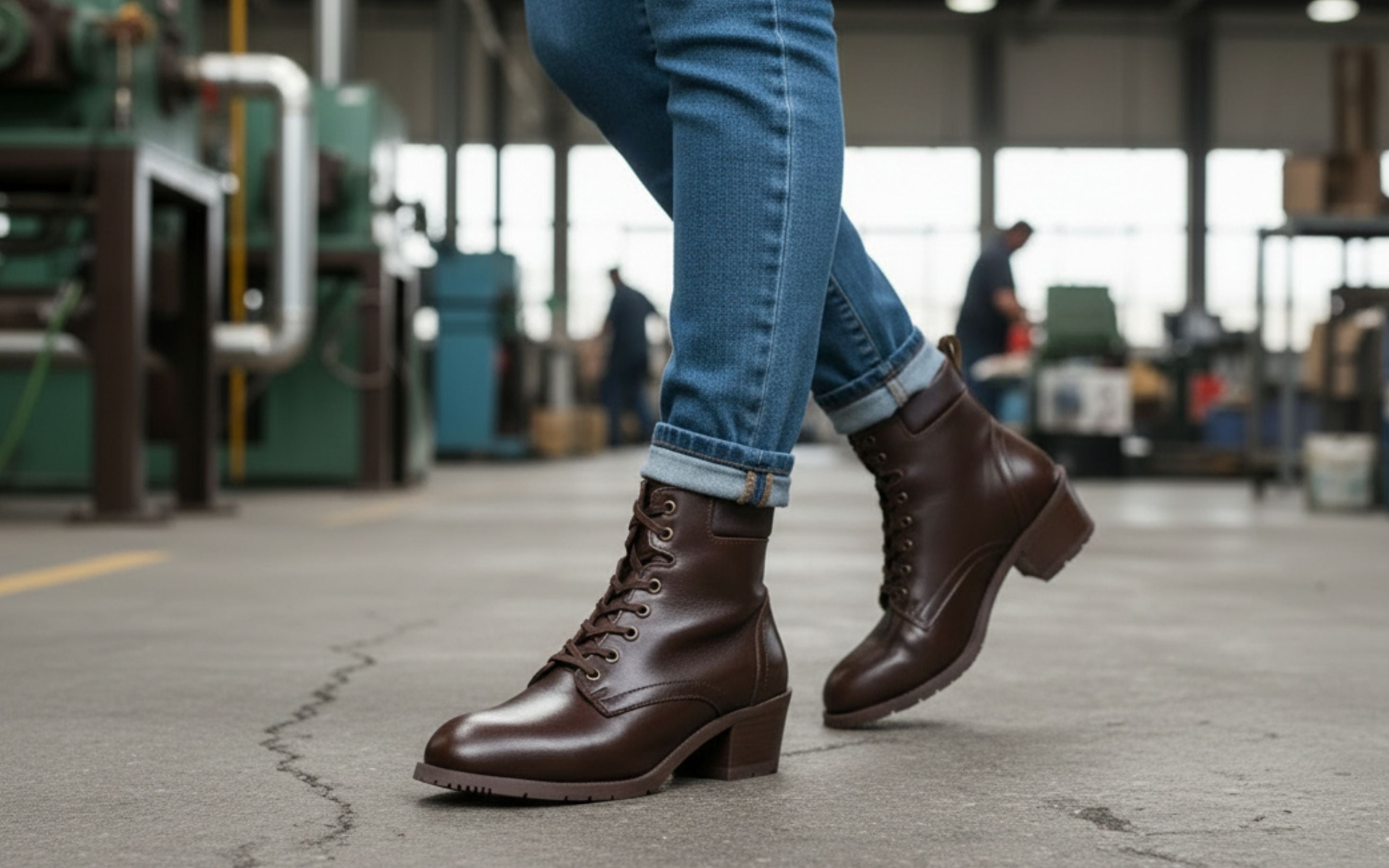 Woman walking through a manufacturing facility in Xena Vega steel-toe safety boots in chestnut brown leather
