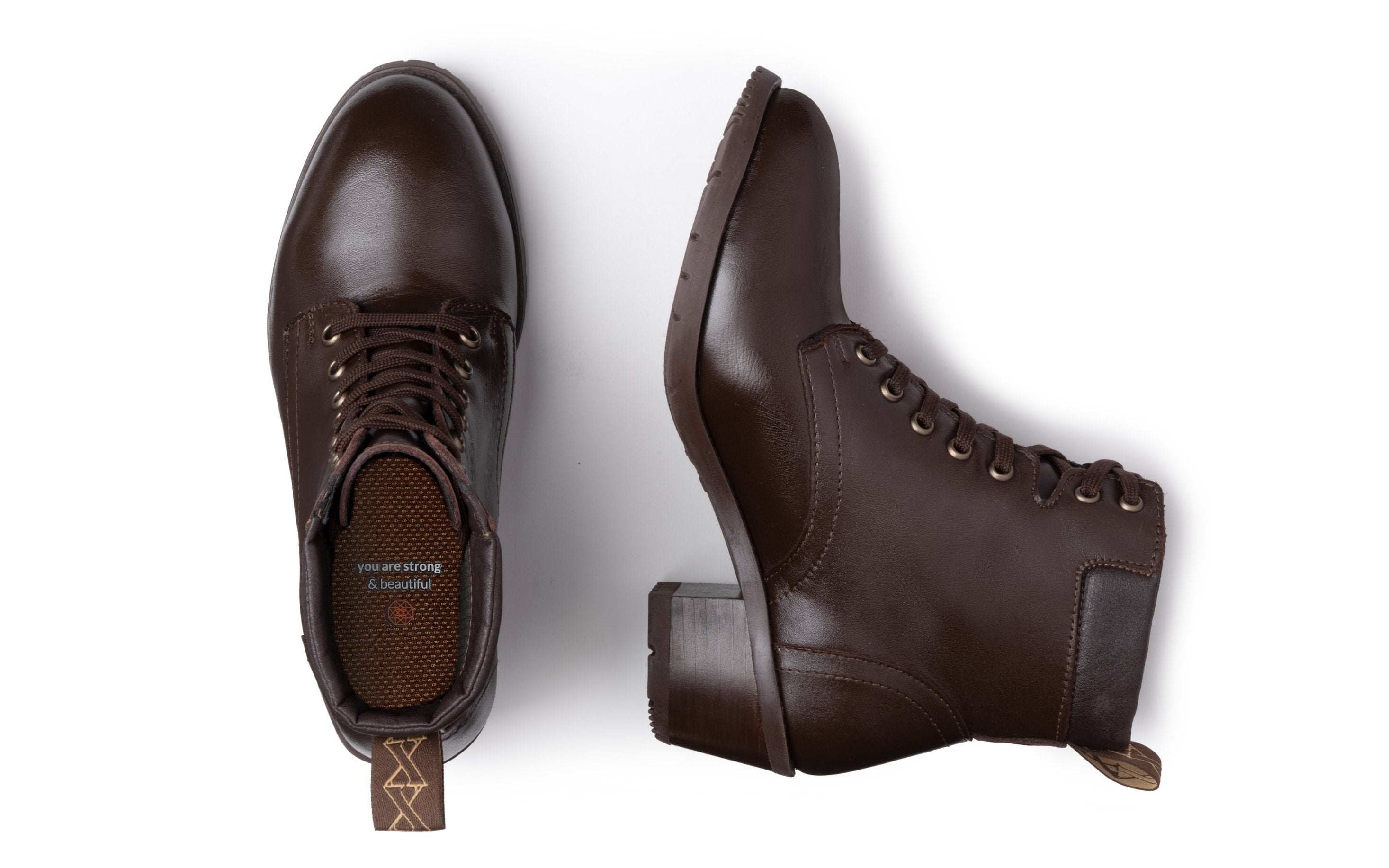 Xena Vega women's steel-toe safety boots in chestnut brown leather, top-down pair view