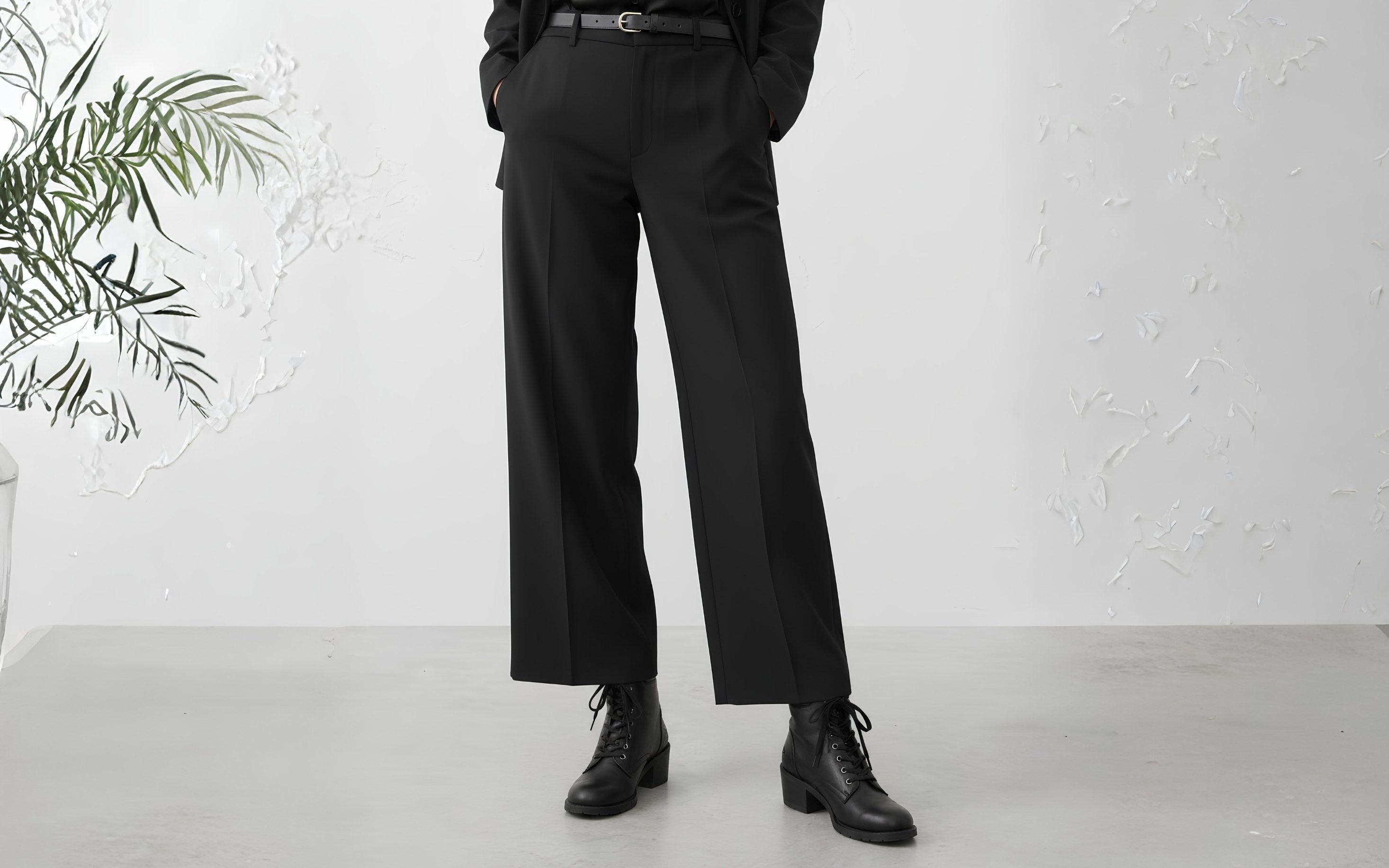 Woman wearing Xena Vega steel-toe safety boots in classic black leather with black wide-leg trousers, studio setting