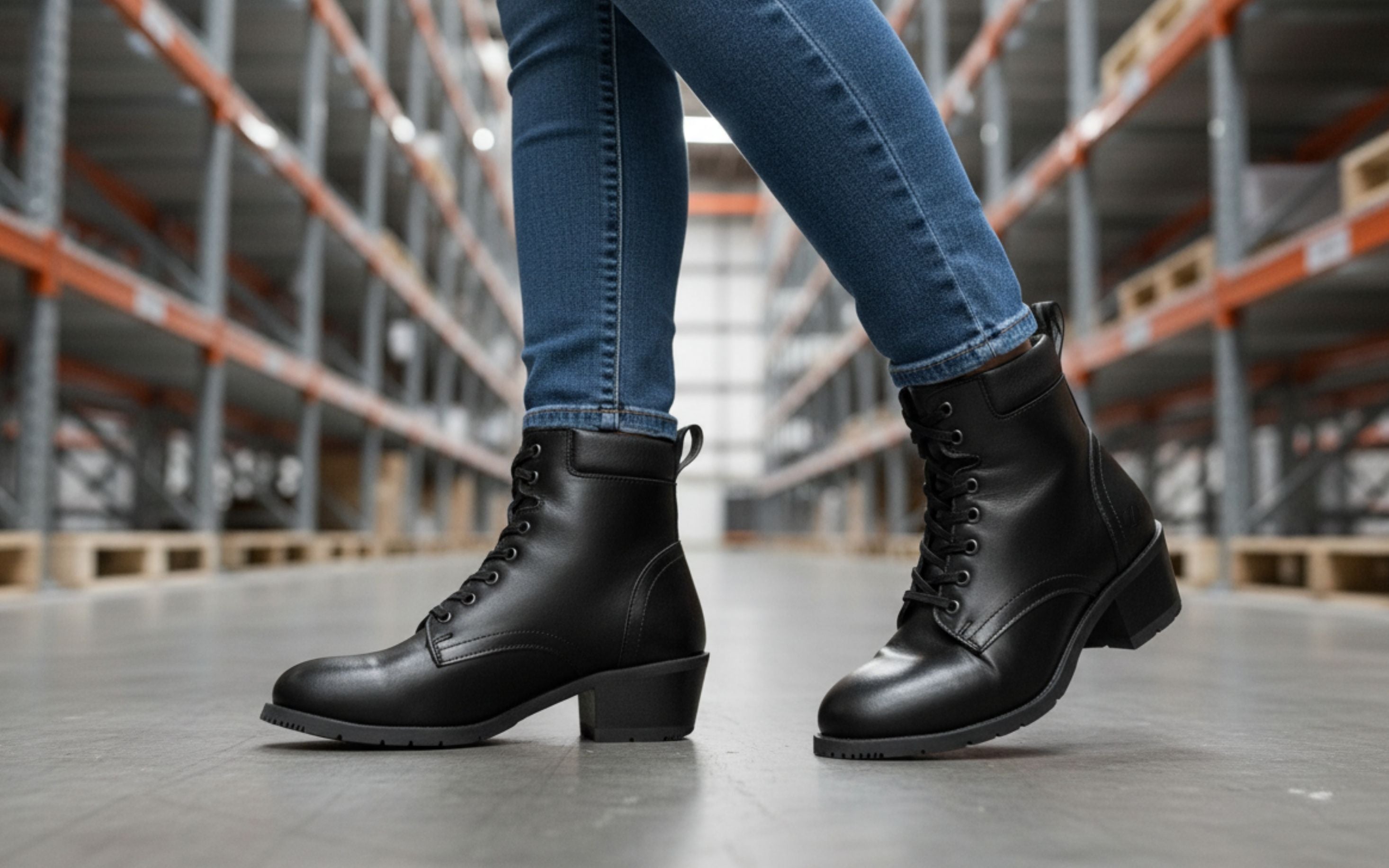 Woman wearing Xena Vega steel-toe safety boots in classic black leather, walking between warehouse pallet racks