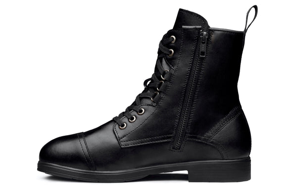 Spice Steel-Toe Safety Combat Motorcycle Boot | Designed for Women by Women | ASTM Certified, Featuring Lace-Ups, and Side Zipper | Full Grain Jet Black Leather | Xena Workwear