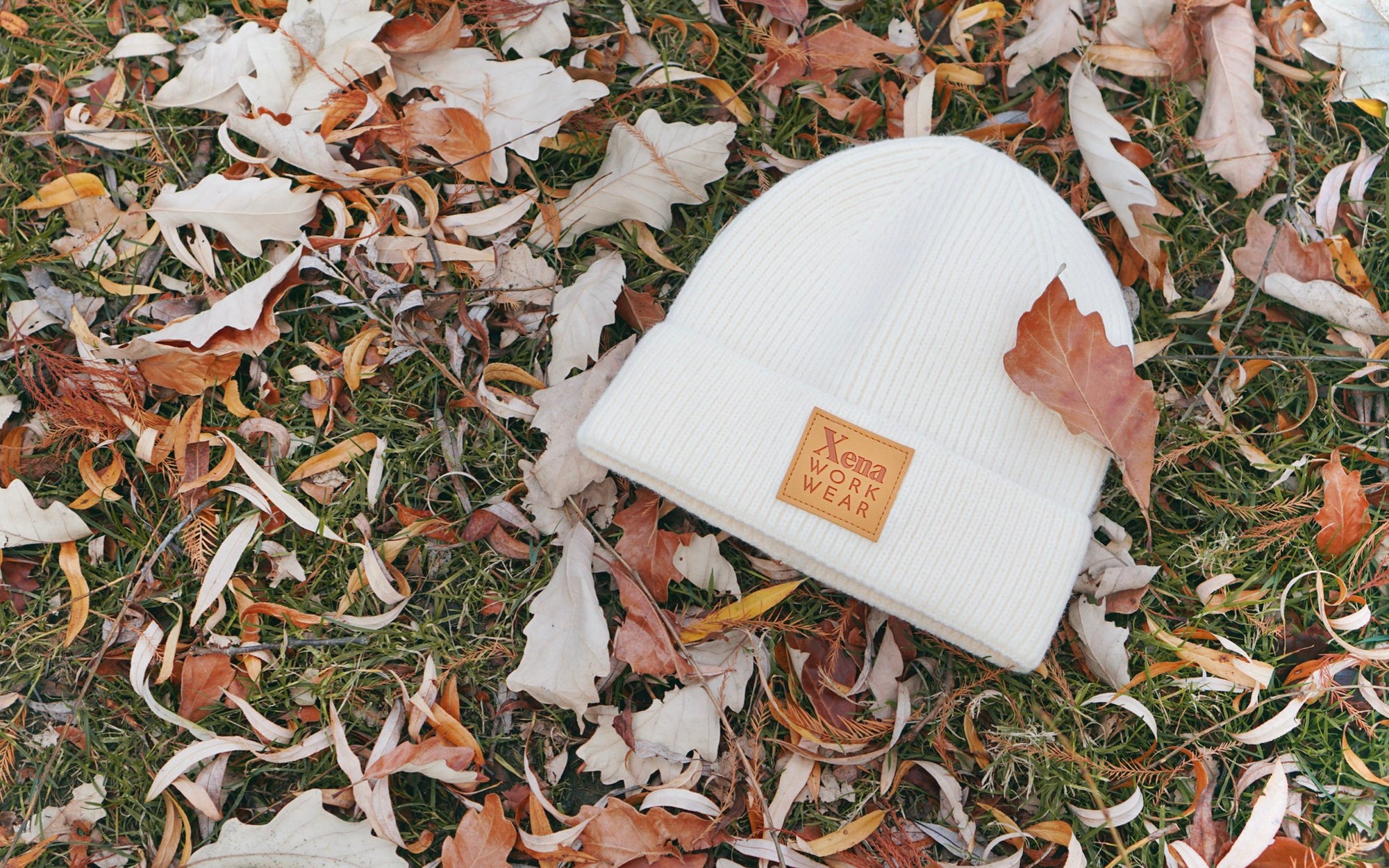 Xena Workwear Wool Fiber Cuff Beanie | Custom Vegan Leather Patch | Flat White Color