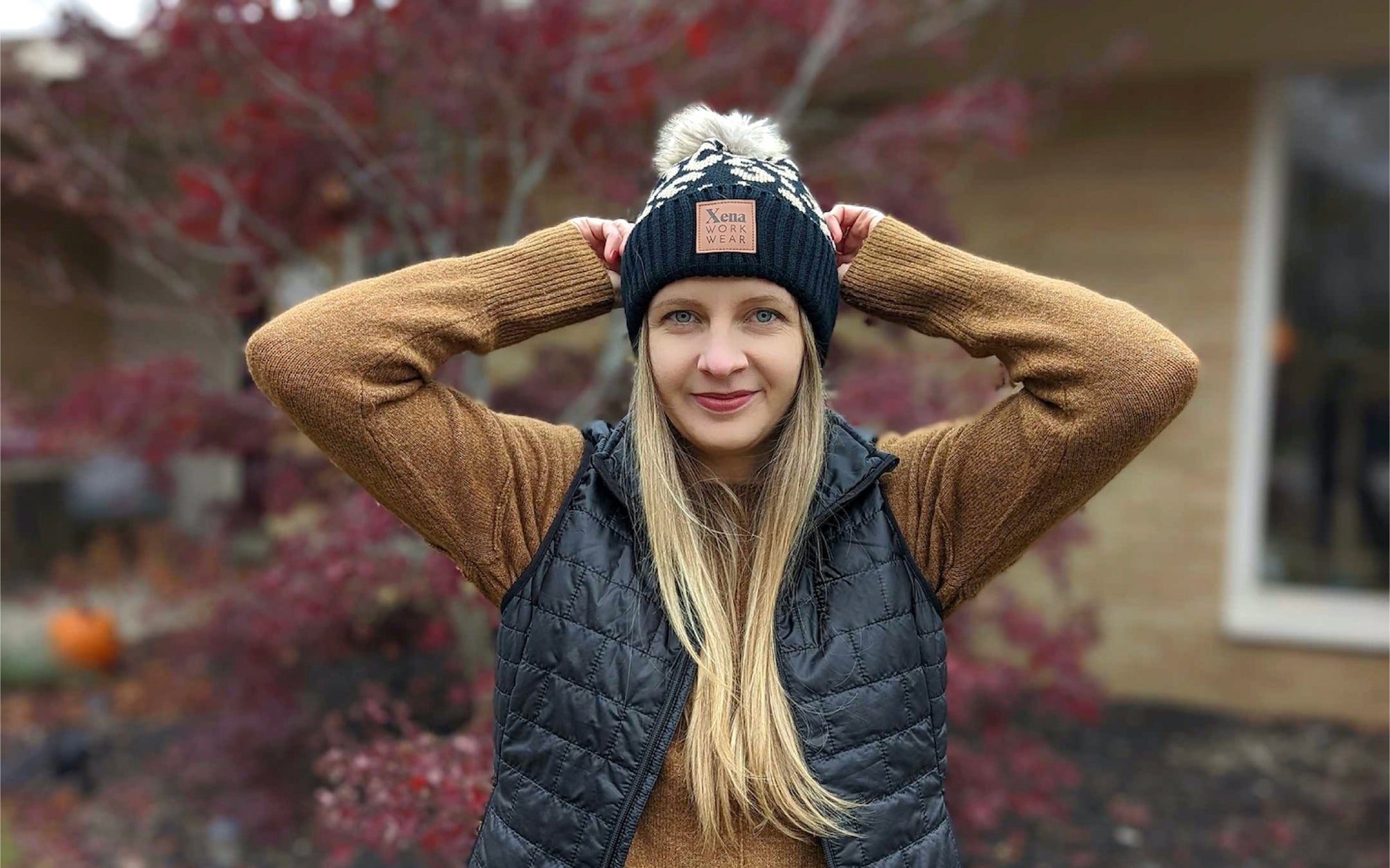 Xena Workwear Acrylic Pom Beanie | Custom Vegan Leather Patch | Espresso color
