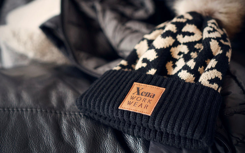 Xena Workwear Soft Acrylic Pom Beanie | Custom Vegan Leather Patch | Espresso color